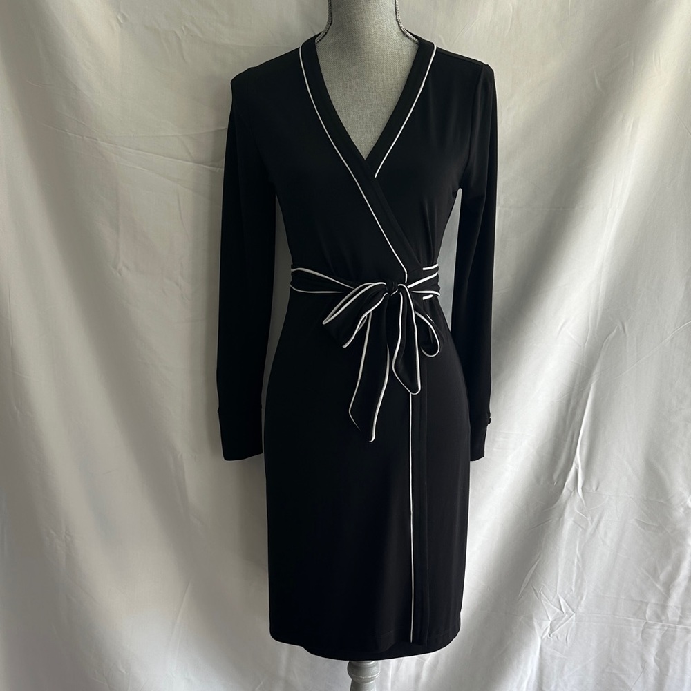 Ann Taylor Black Wrap Dress with White Piping